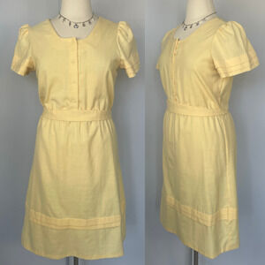 Vintage Midi Dress Plus Size 18 Pastel Yellow Puff Sleeve Belted Retro 70s 80s
